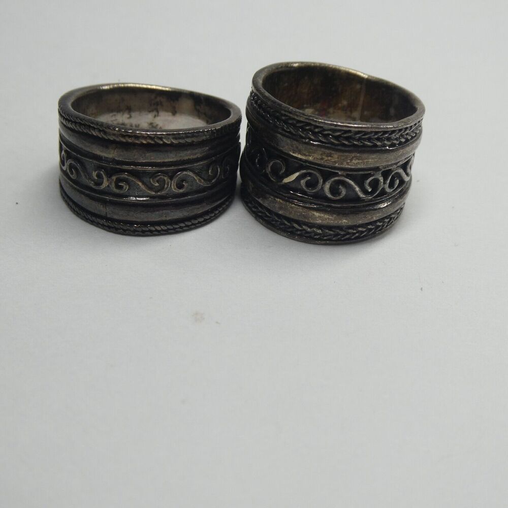 2 Cigar Band Rings Rope Filigree Sterling Silver Vintage 6.25-6.5